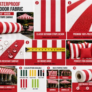 May include: Waterproof outdoor fabric with a red and white stripe design. The fabric is 60 inches wide and suitable for awnings, umbrellas, and cushions. It is made of 100% polyester and is water-resistant. Available in 5 color options.