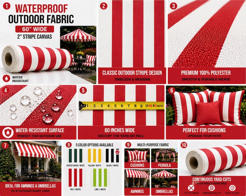 May include: Waterproof outdoor fabric with a red and white stripe design. The fabric is 60 inches wide and suitable for awnings, umbrellas, and cushions. It is made of 100% polyester and is water-resistant. Available in 5 color options.