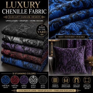Tissu d'ameublement damassé chenille de luxe par mètre, tissu élégant noir bleu rouge violet argenté pour décoration de rideaux et d'oreillers