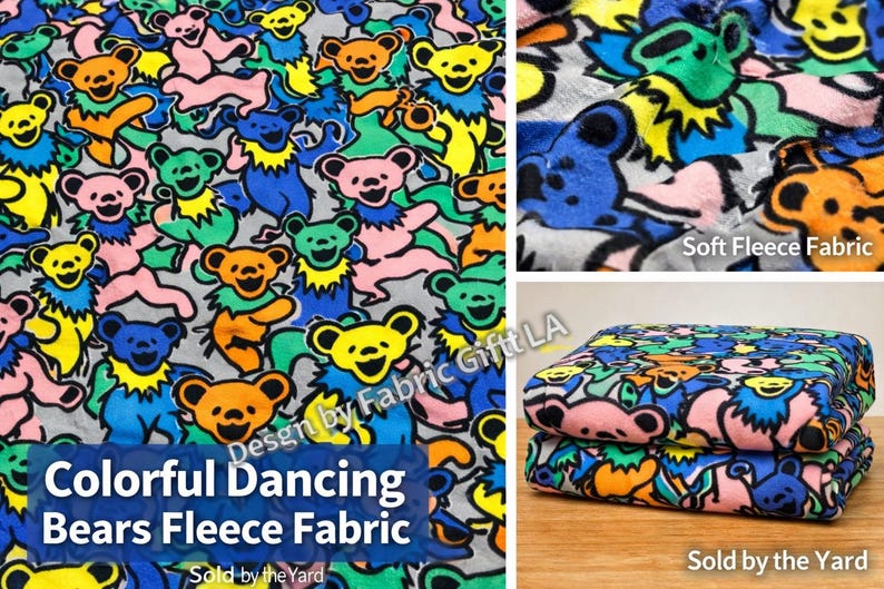 Puede incluir: Tela de forro polar colorida con osos bailarines en varios colores como azul, amarillo, naranja y rosa sobre un fondo gris. La tela es suave y se vende por yarda. La imagen tambi&eacute;n muestra una pila doblada de la tela.