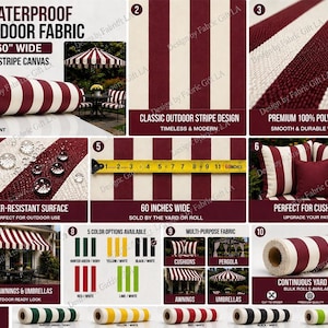 May include: Waterproof outdoor fabric with a classic red and white stripe design. The fabric is 60 inches wide and perfect for awnings, umbrellas, and cushions. It is made of premium 100% polyester and is water-resistant. Available in 5 color options.