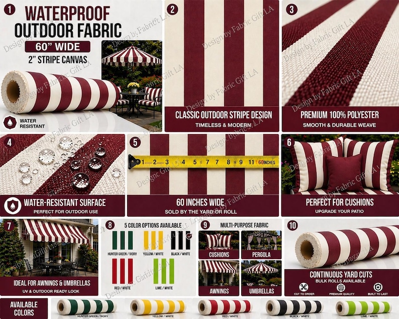 May include: Waterproof outdoor fabric with a classic red and white stripe design. The fabric is 60 inches wide and perfect for awnings, umbrellas, and cushions. It is made of premium 100% polyester and is water-resistant. Available in 5 color options.
