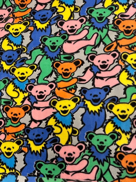 Colorful Dancing Bears Fleece Fabric by the Yard, Retro Rainbow Bear Fabric, Tie Blanket Fabric, Hippie Teddy Bear Fleece for Blankets