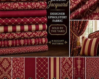 Tela de tapicería jacquard de lujo cortada a medida, tela tejida para cortinas con estampado de damasco, rayas florales y medallones, color burdeos y dorado.