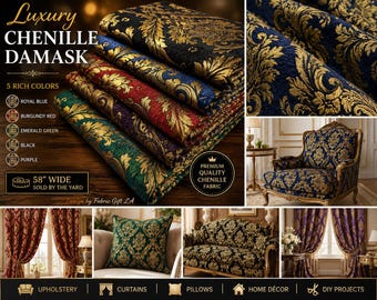 Luxury Chenille Damask Upholstery Fabric by the Yard, Vintage Baroque Medallion Brocade Fabric, 58” Wide Decor Fabric