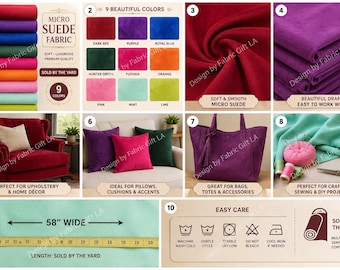 Suede Fabric by the Yard, Upholstery Micro Suede Fabric, Apparel & Craft Fabric, 58 Inch Wide, 9 Colors, Soft Faux Suede Material