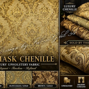 Puede incluir: Tejido de tapicer&iacute;a de chenilla damasco dorado, 147 cm de ancho, con un dise&ntilde;o elegante y atemporal. La imagen muestra la tela enrollada y doblada, con opciones en oro claro, oliva y marr&oacute;n.