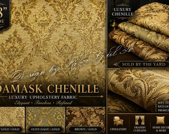 Designer Gold Damask Chenille Fabric by The Yard 58” Wide Luxury Upholstery Drapery Palace Style Home Decor