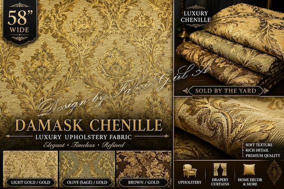 Designer Gold Damask Chenille Fabric by The Yard 58” Wide Luxury Upholstery Drapery Palace Style Home Decor