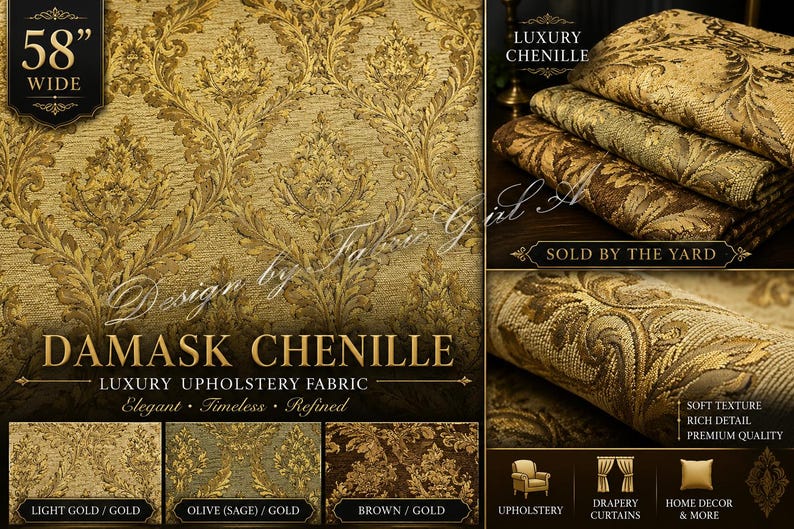 Puede incluir: Tejido de tapicer&iacute;a de chenilla damasco dorado, 147 cm de ancho, con un dise&ntilde;o elegante y atemporal. La imagen muestra la tela enrollada y doblada, con opciones en oro claro, oliva y marr&oacute;n.