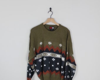 Vintage 80s Brown & Gray, Abstract Todays News Sweater, Size XL, Grandpa Sweater, Knit Sweater, Oversized Sweater, Cosby Sweater