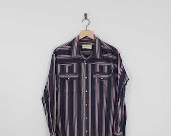 Vintage Striped, Blue and Red, Bit & Bridle Western Snap Button Shirt, Size XL, Striped Shirt, Cowboy Shirt, Light Weight Shirt
