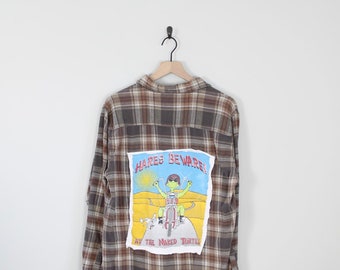 Vintage Reworked Flannel & Graphic Tee, Hares Beware! Fits Like Large, Classic Flannel, Light Weight Shirt, Mens Workwear