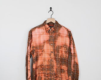 Acid Washed Brown & Orange Vintage Flannel, Size Large, Up Cycled Vintage Flannel, Up Cycled Fashion, Bleached Flannel, Vintage Flannel