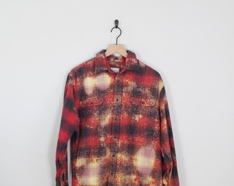 Acid Washed Red & Beige Vintage Flannel, Size Medium, Up Cycled Vintage Flannel, Up Cycled Fashion, Bleached Flannel, Vintage Flannel