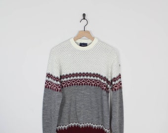 Vintage Gray and Maroon Knit Fair Isle Ski Sweater, Size XL, Sigallo, Knit Sweater, Nordic Sweater, Icelandic Sweater, Fair Isle