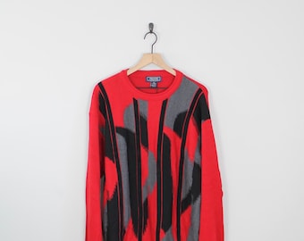 Vintage Red and Black Abstract Sweater, Fits Like XL, Peletti, Grandpa Sweater, Knit Sweater, Oversized Sweater, Coogi Style