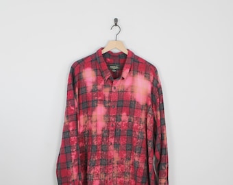 Acid Washed Red & Pink Vintage Flannel, Size 3XL, Up Cycled Vintage Flannel, Up Cycled Fashion, Bleached Flannel, Vintage Flannel