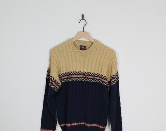 Vintage 80s Brown and Blue Knit JC Penny Ski Sweater, Size Medium, Fair Isle, Grandpa Sweater, Knit Sweater, Oversized Sweater, Coogi Style