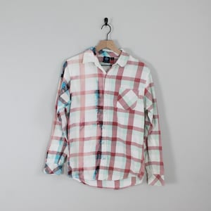 Vintage Bleached Flannel White & Red, Size Medium, Up Cycled Vintage Flannel