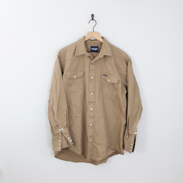 Vintage 90s Brown, Wrangler Denim Snap Button Shirt, Size XLT, Utility Shirt, Denim Shirt, Snap Button, Western Denim