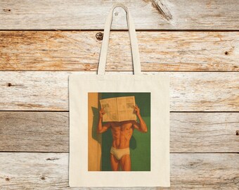 Retro Newspaper Man Tote Bag: Funny Buff Guy Print, Heavy Cotton Canvas