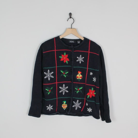 Vintage Embroidered Black Ugly Christmas Cardigan 