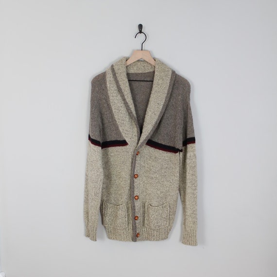 Vintage Gray and Brown Knit, Wool Cardigan Sweate… - image 1