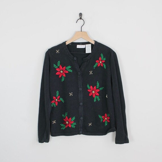 Vintage Black Embroidered Poinsettia 