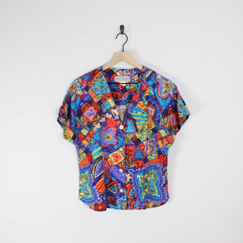 Size Large Floral Vintage Top, Vintage Crazy 80s Blouse