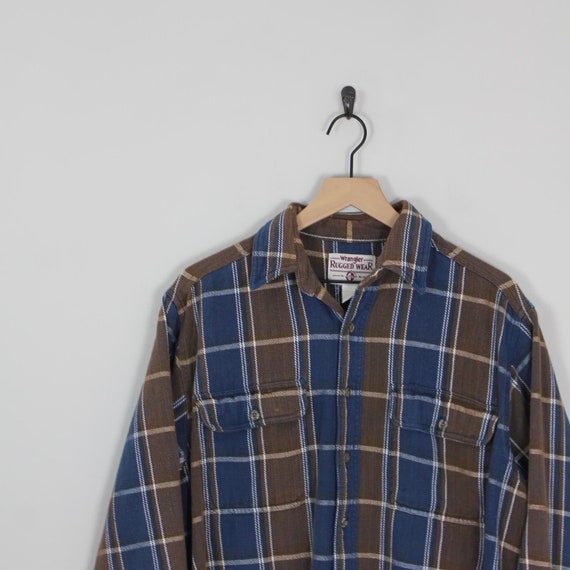 Vintage 80s Blue and Brown, Plaid Wrangler rugged… - image 3