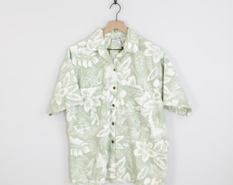 Vintage Liz Thomas, Green and White Tropical Flower Women's Hawaiian Shirt, Size Large, Women's Vintage Shirt, Women's Top