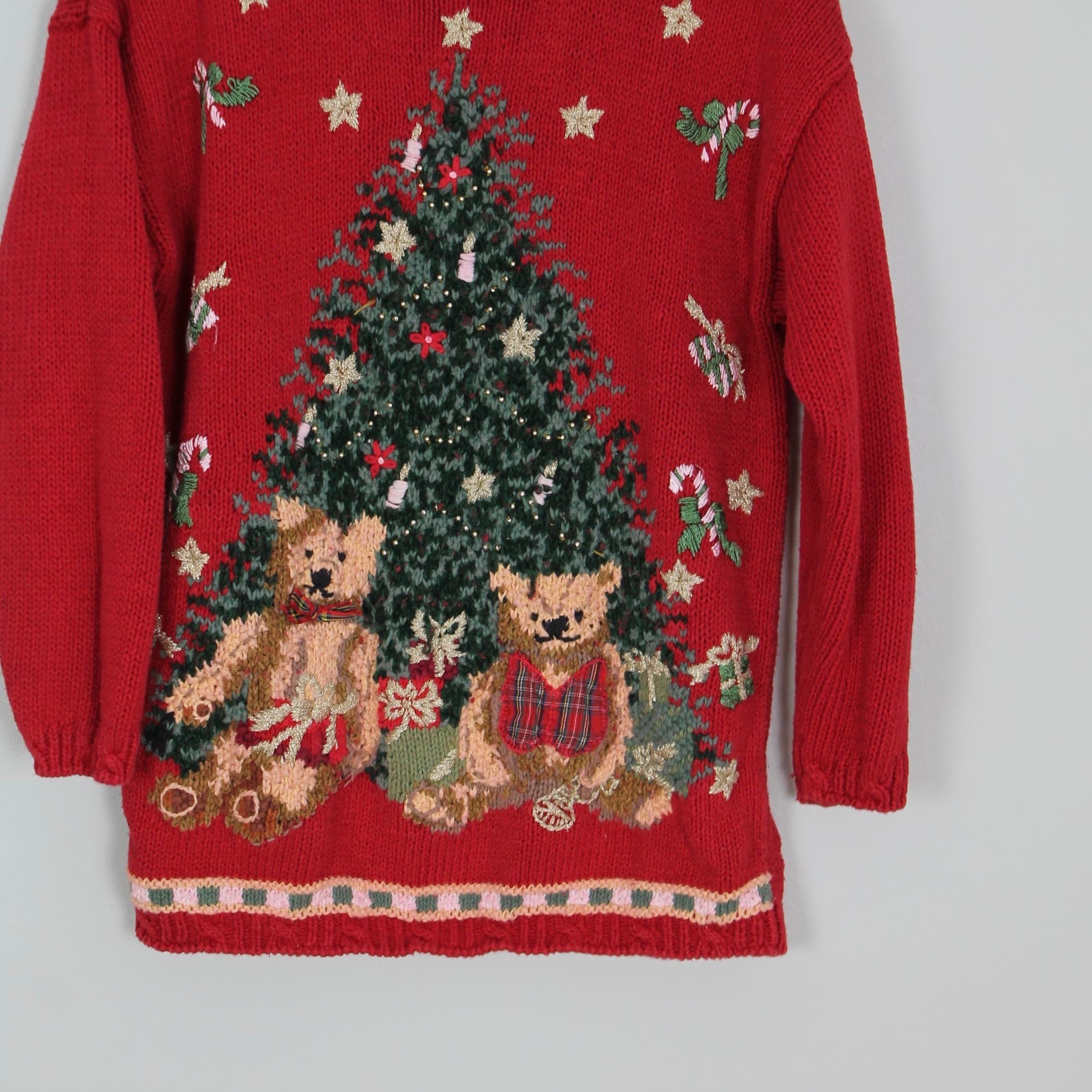 Vintage 90s Ugly Christmas Sweater Medium Red Pullover Womens Tree Presents