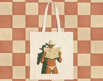 Funny Cowboy Reading Tote Bag: Retro Western Graphic Canvas Market Bag