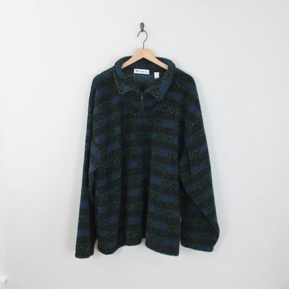 Vintage 90s Green Geometric, Fleece Pullover, Siz… - image 1