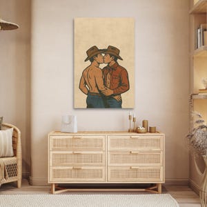 Retro Cowboy Gay Art Print – Western Kissing Cowboys Wall Canvas, Queer Americana Wall Art, Vintage-Inspired LGBTQ+ Home Decor