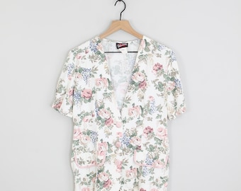Vintage Beige Blumen Kurzarm, Herzen Damenbluse, Größe 8, Damenbluse, Crazy Pattern Shirt, Kurzarmbluse