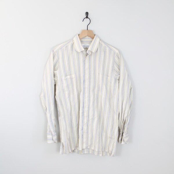 Vintage Beige and Blue Striped, Fray Trillion Button Up Shirt, Size Large, Long Sleeve Shirt, Casual Shirt, Light Weight Shirt