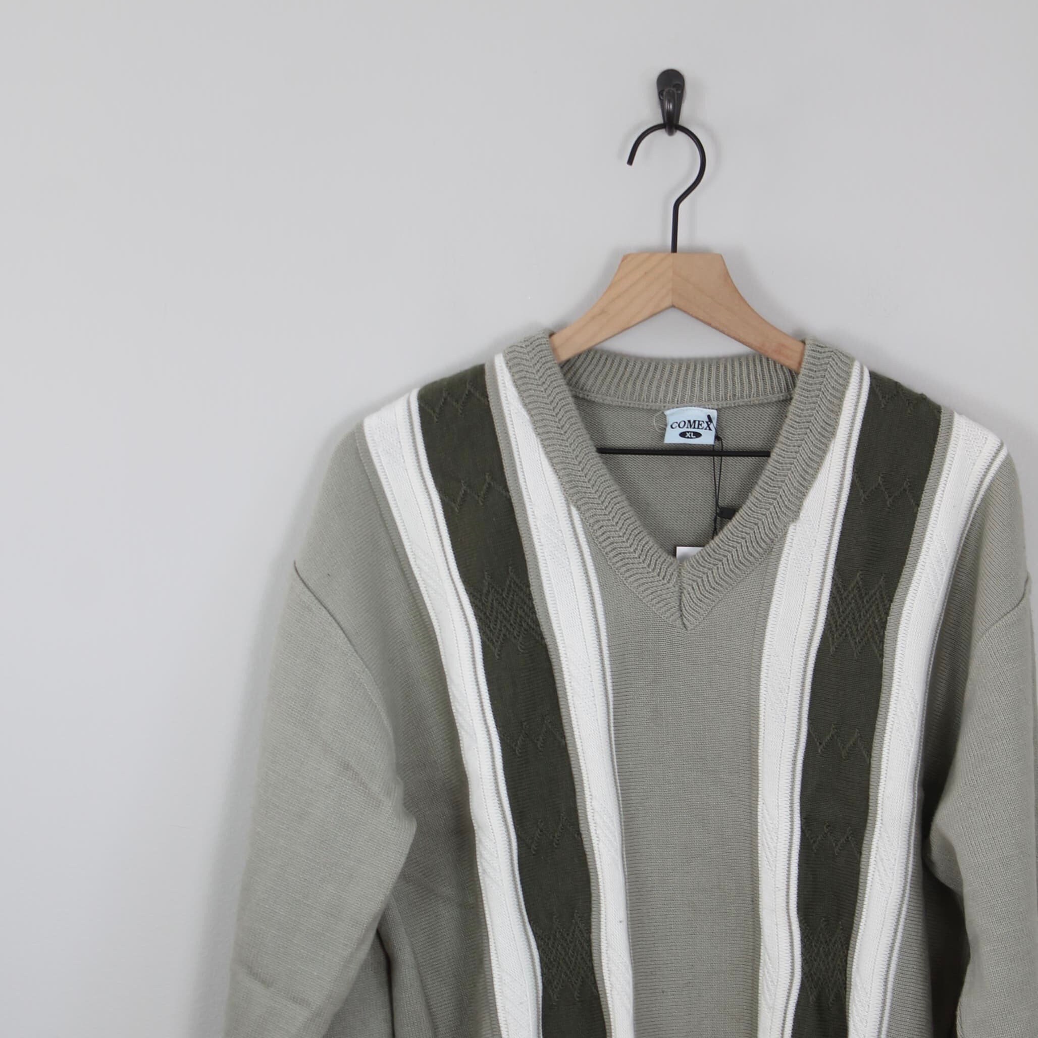 Vintage Gray and Green Striped V-neck Sweater Size XL Comex - Etsy