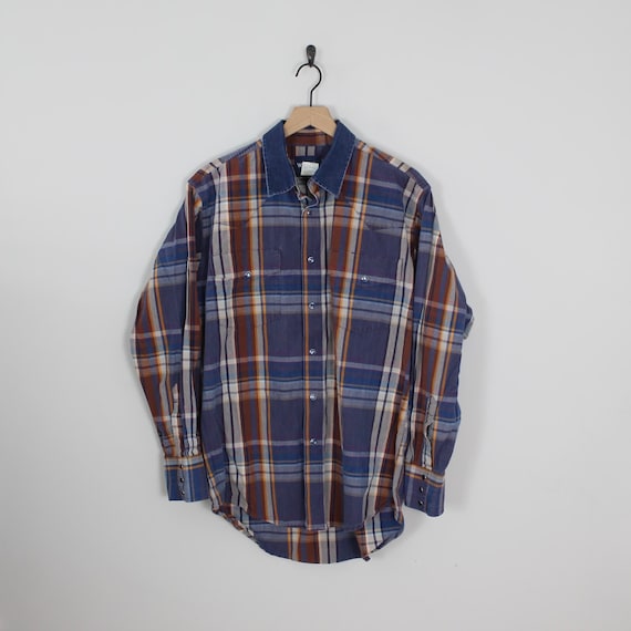 Vintage 80s/90s Blue and Orange, Plaid Wrangler Denim Shirt, Size