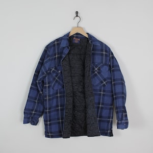 Vintage Blue and White Plaid, Woodland, Quilt Lined Shirt Jacket, Size Medium, Lined Flannel Shirt, Quilted Flannel