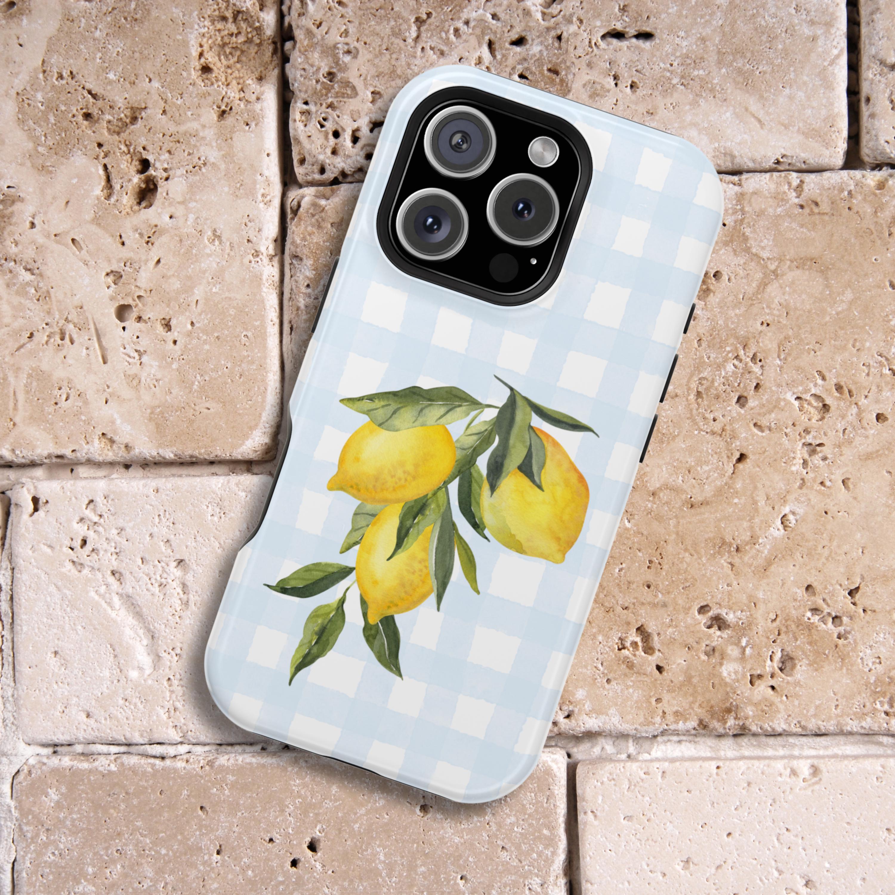 MagSafe対応レモンブランチiPhoneケース：ブルーギンガムフルーツ