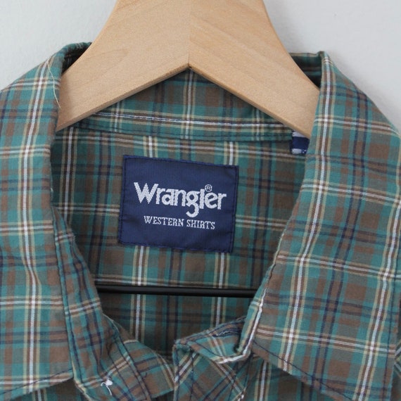 Vintage 80s Green and Brown Wrangler, Plaid Snap … - image 7