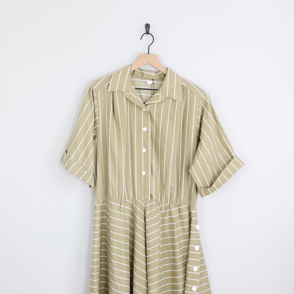 Vintage Green and White Striped Dress, Size 13/14, 90s Dress, 80s Dress