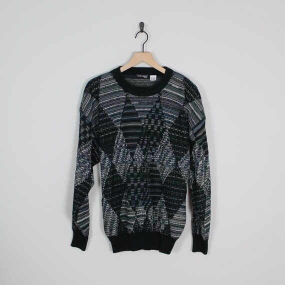 Vintage 80s Geometric Black and White Stefano Sweater Size - Etsy