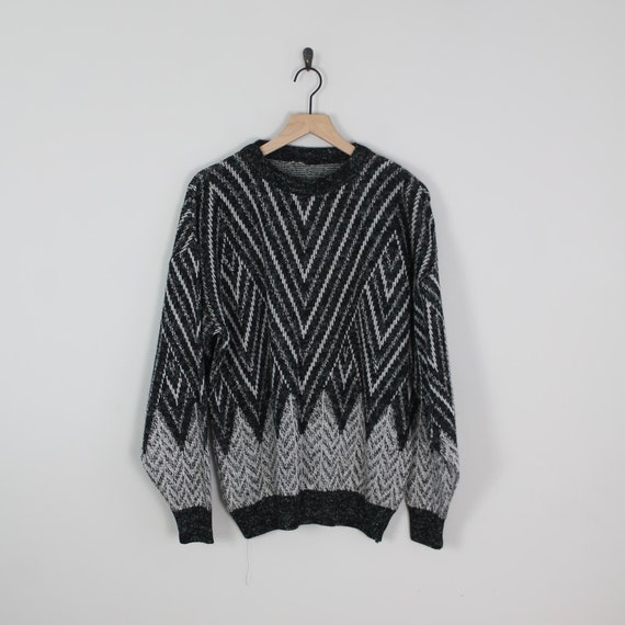 Vintage 80s Black and Gray, Geometric Sweater, Si… - image 1