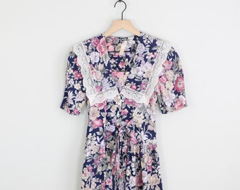 Vintage 80s Blue and Pink Floral Dress, Size 5, Collared Dress, Summer Dress, Vintage Sundress,