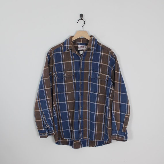 Vintage 80s Blue and Brown, Plaid Wrangler rugged… - image 1