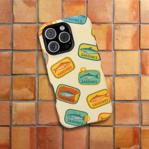 Retro Sardine Tin iPhone Case – Vintage Food Print MagSafe® Tough Case for iPhone 13–16, Glossy or Matte Finish