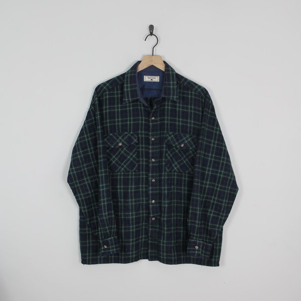 Vintage 90s Blue and Green, Great Plains Wool Shirt, Size XL, Shacket, Utility Shirt, Workwear, Wool CPO Jacket, Shirt Jacket